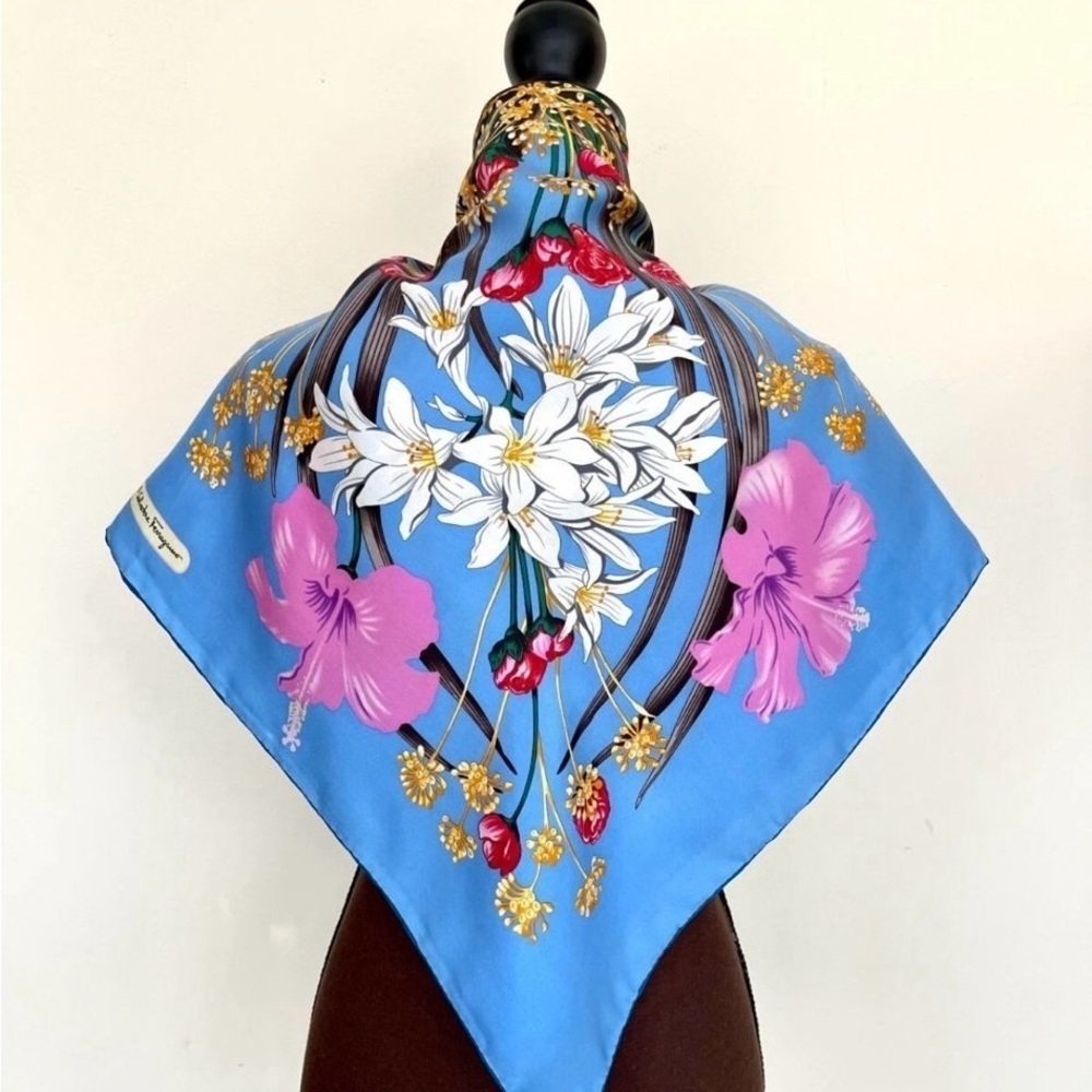 Salvatore Ferragamo Blue and Pink Floral Silk Scarf